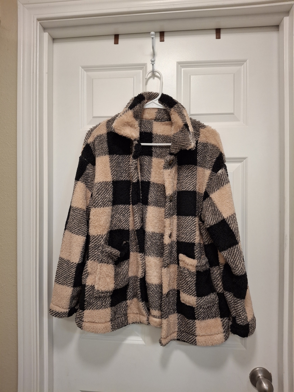 Plaid Teddy Jacket in Beige & Black - Women's Cozy Coat